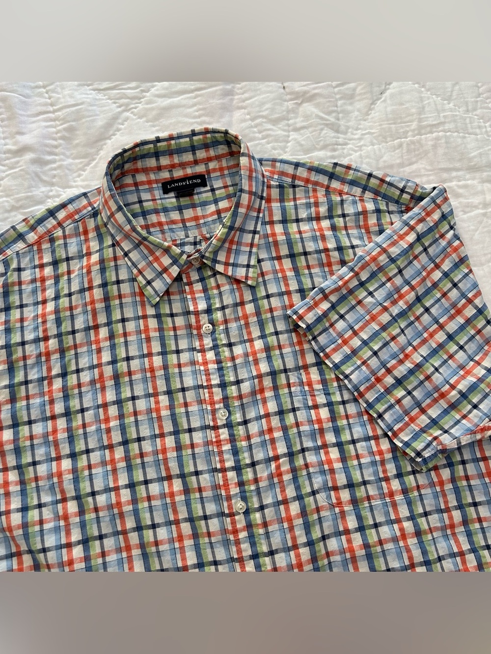 Lands End Seersucker Shirt Mens XXL Plaid Button Down Beach Coastal Summer